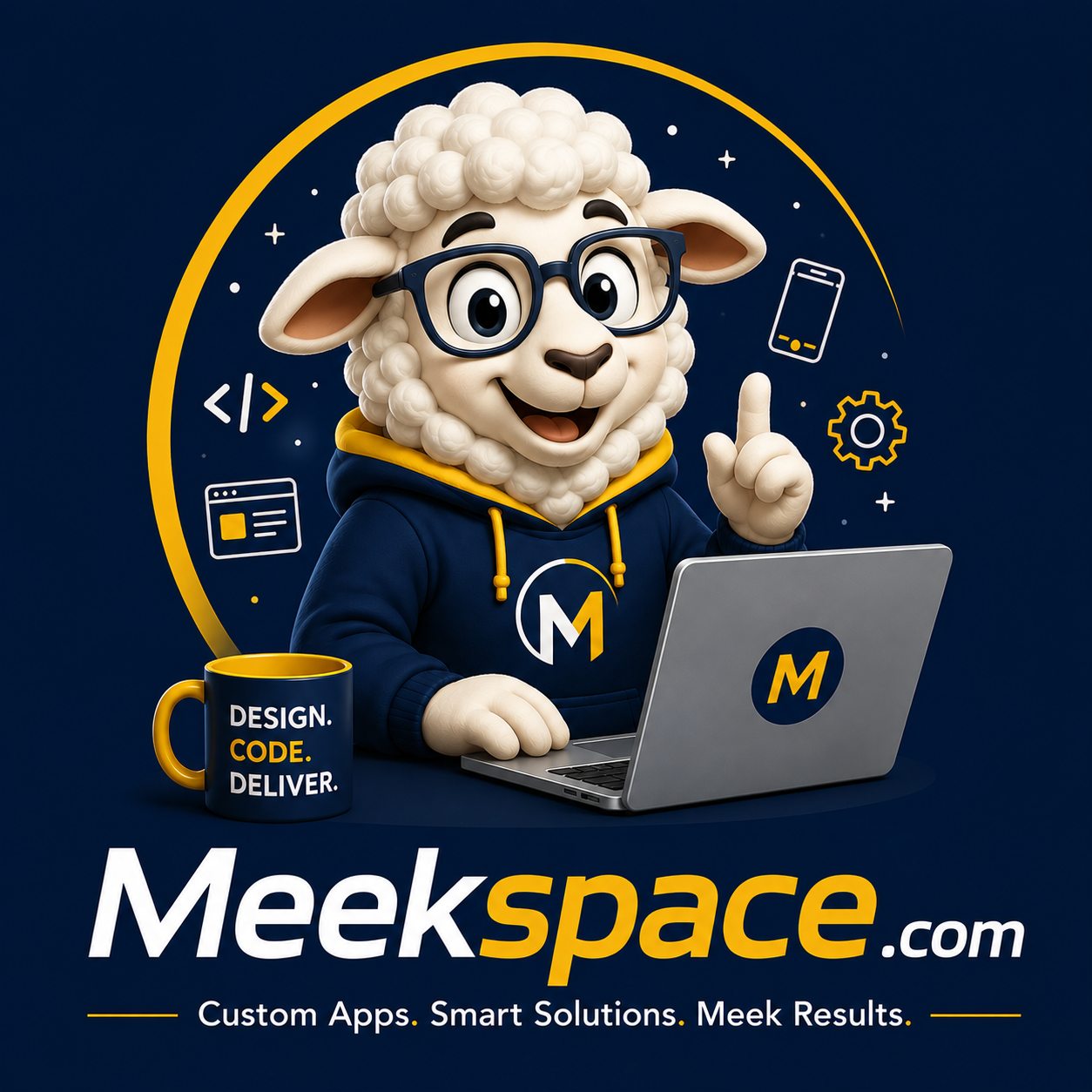 Meekspace sheep mascot coding on a laptop